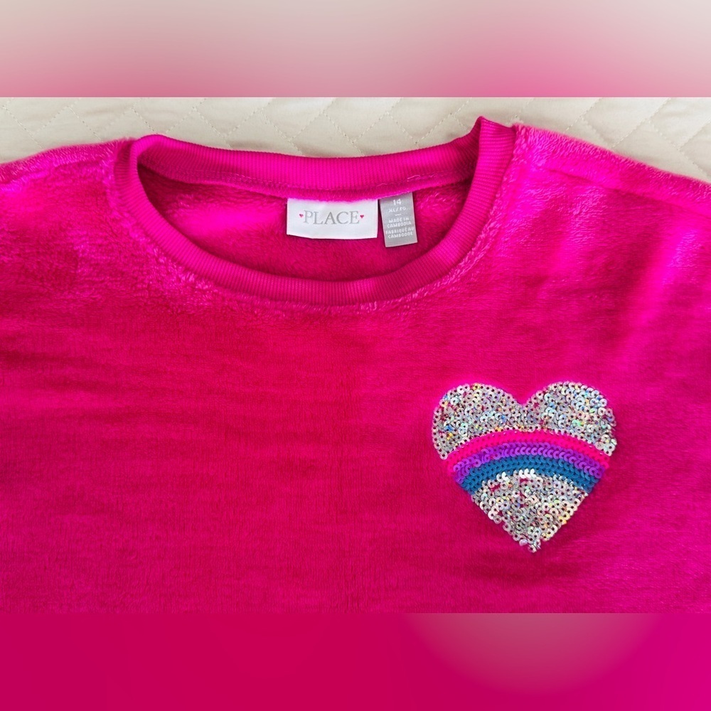 Childrens Place Fuchsia Sequin Heart Furry Sherpa Sweatshirt Top Size XL 14 - Picture 10 of 11